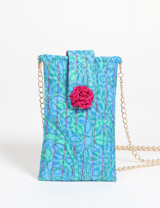 Stylish mobile phone pouch with florette embellishment. Made from sustainable materials for eco-friendly fashion.