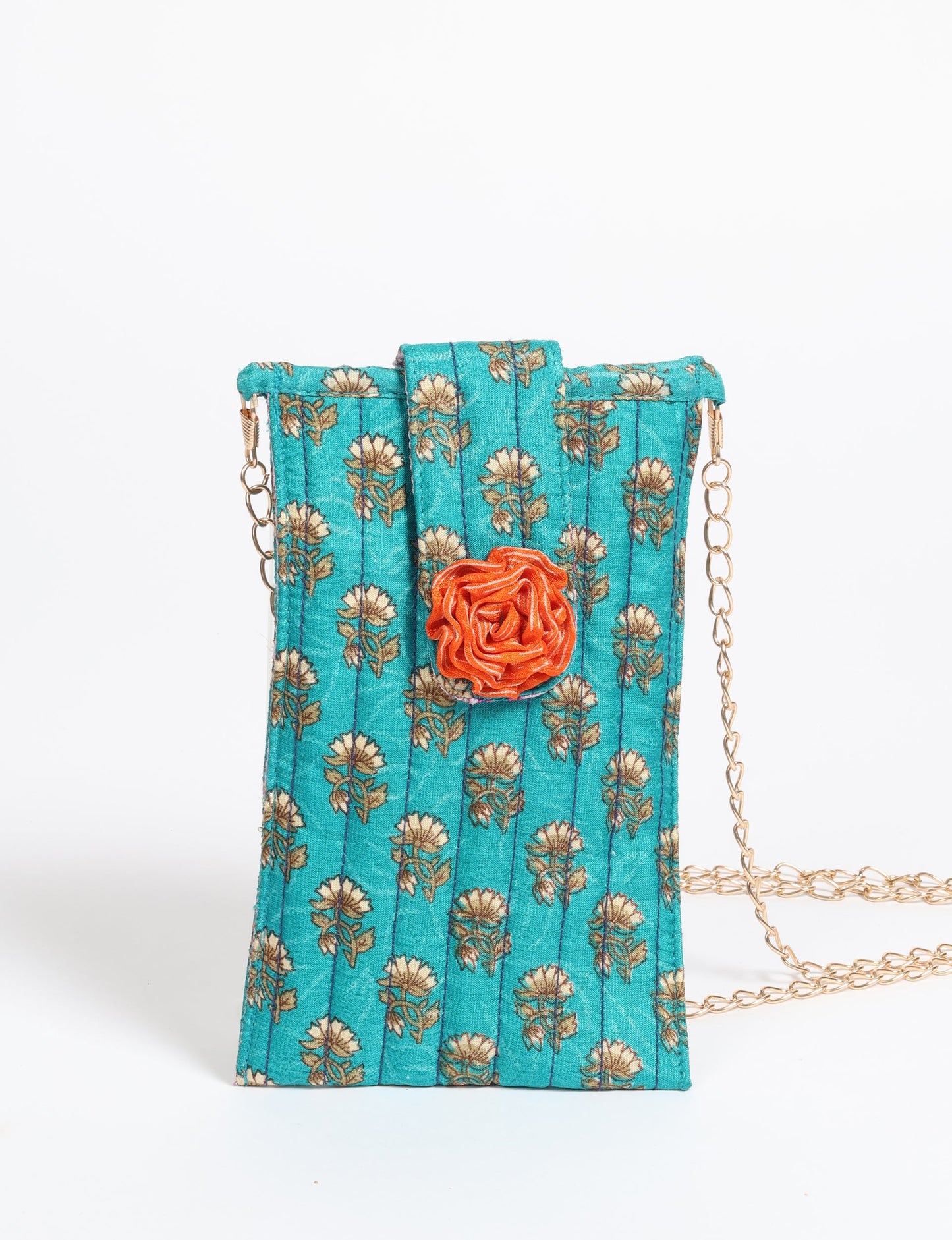 Stylish mobile phone pouch with florette embellishment. Made from sustainable materials for eco-friendly fashion.