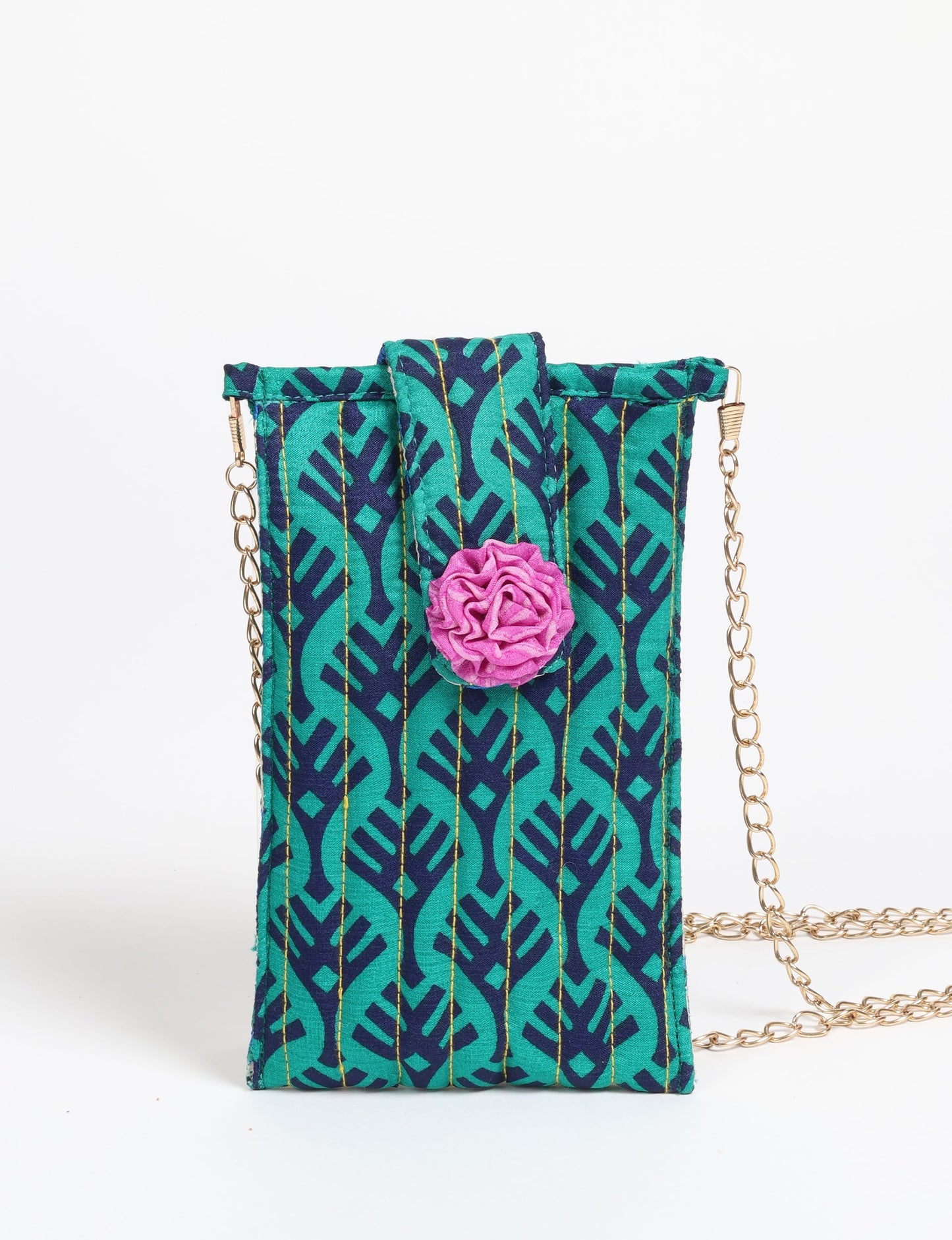 Stylish mobile phone pouch with florette embellishment. Made from sustainable materials for eco-friendly fashion.