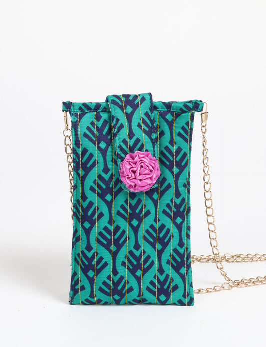 Stylish mobile phone pouch with florette embellishment. Made from sustainable materials for eco-friendly fashion.