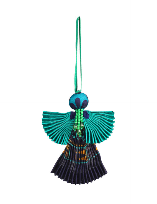 Angel Christmas Ornament made from upcycled saris, featuring pleated arms and body. A sustainable, eco-friendly holiday decoration, embodying recycled fashion and upcycling in festive style.





