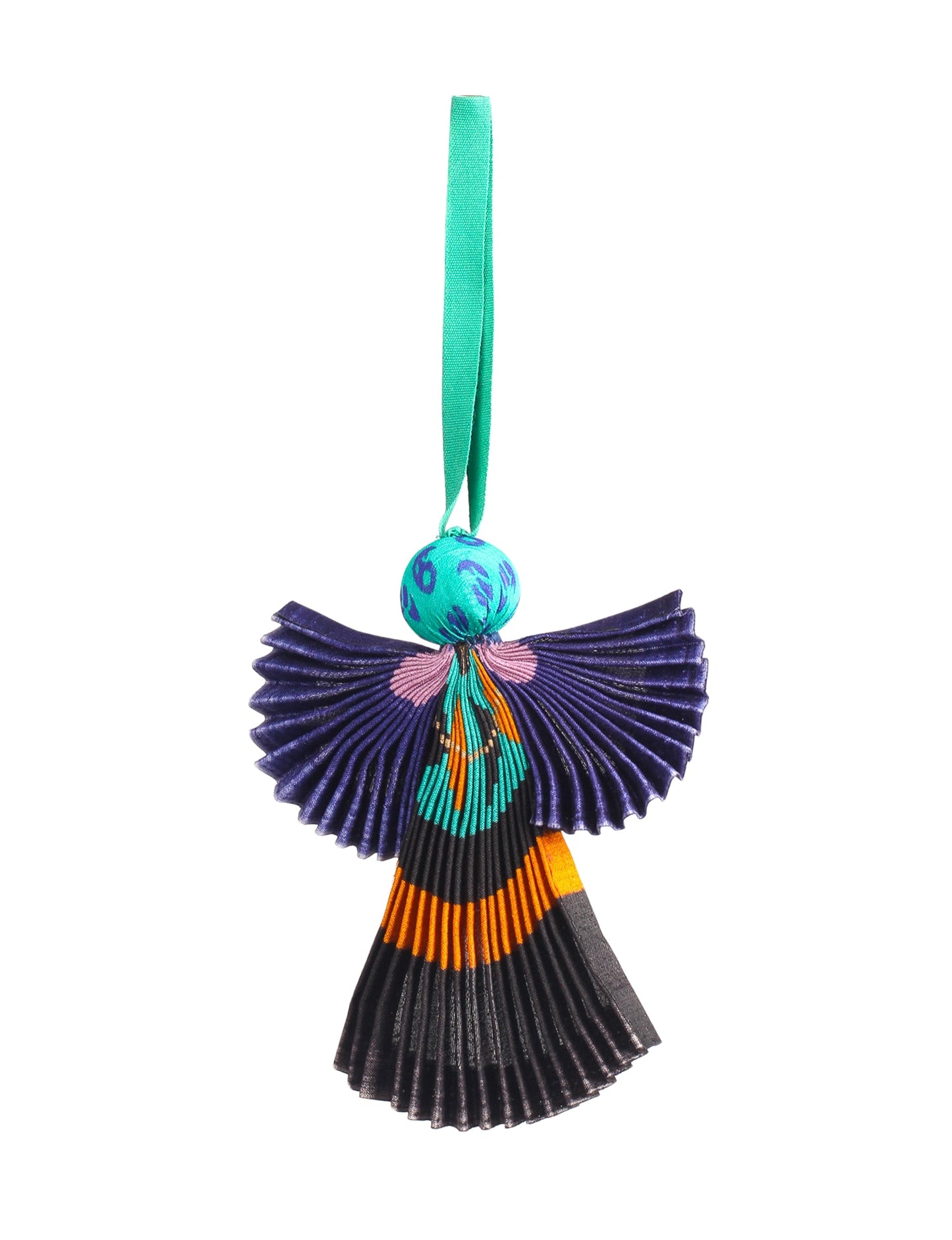 Angel Christmas Ornament made from upcycled saris, featuring pleated arms and body. A sustainable, eco-friendly holiday decoration, embodying recycled fashion and upcycling in festive style.





