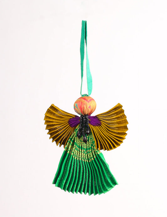 Angel Christmas Ornament made from upcycled saris, featuring pleated arms and body. A sustainable, eco-friendly holiday decoration, embodying recycled fashion and upcycling in festive style.





