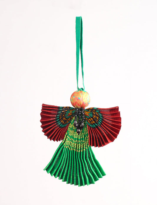 Angel Christmas Ornament made from upcycled saris, featuring pleated arms and body. A sustainable, eco-friendly holiday decoration, embodying recycled fashion and upcycling in festive style.





