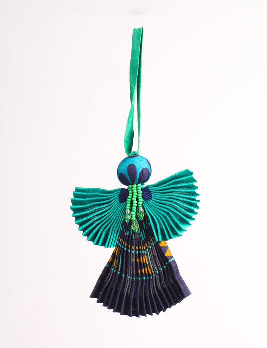 Angel Christmas Ornament made from upcycled saris, featuring pleated arms and body. A sustainable, eco-friendly holiday decoration, embodying recycled fashion and upcycling in festive style.





