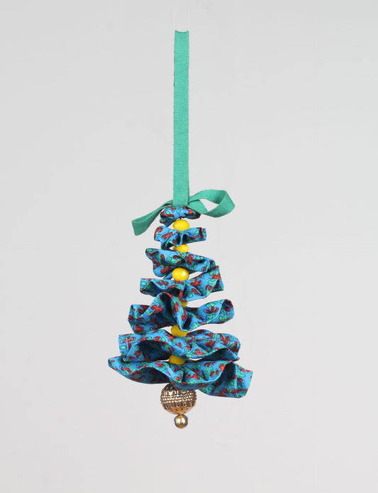 Tree Christmas Ornament crafted from upcycled materials, showcasing sustainable fashion and eco-friendly design, a delightful addition to holiday décor made from recycled and repurposed fabrics.