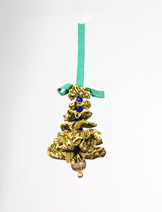 Tree Christmas Ornament crafted from upcycled materials, showcasing sustainable fashion and eco-friendly design, a delightful addition to holiday décor made from recycled and repurposed fabrics.