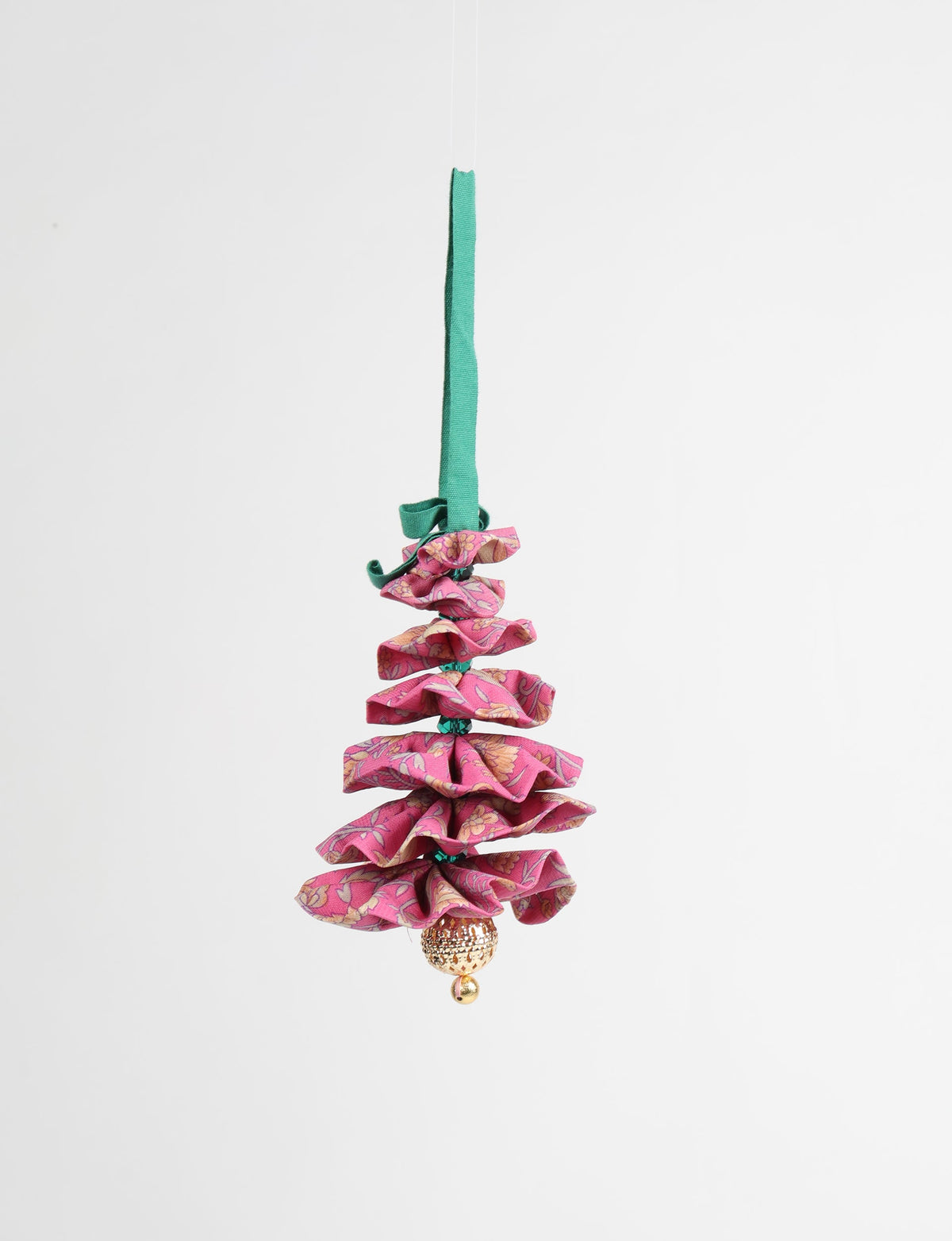 Pink fabric Christmas tree ornament with floral pattern, green hanging loop, and gold decorative bead at bottom