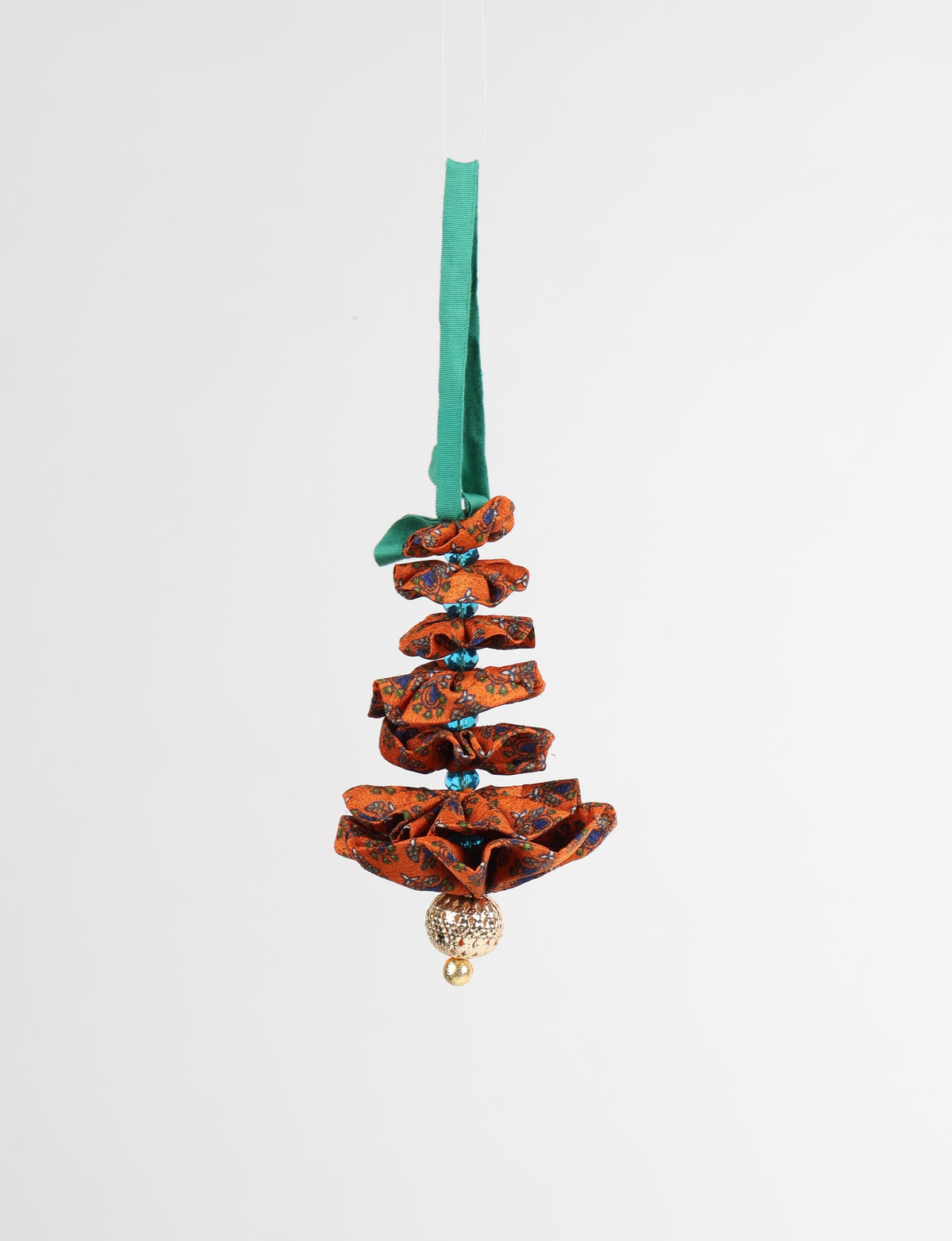 Hanging Christmas tree ornament with orange floral fabric layers, blue beads, gold textured ball, and green ribbon loop