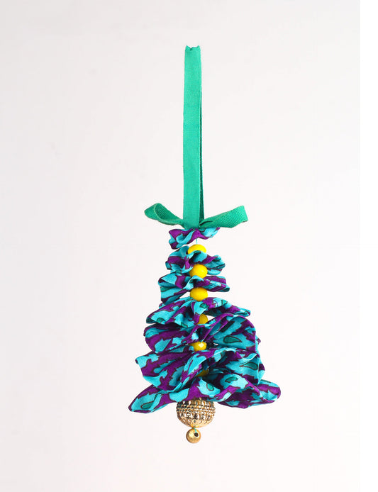 Tree Christmas Ornament crafted from upcycled materials, showcasing sustainable fashion and eco-friendly design, a delightful addition to holiday décor made from recycled and repurposed fabrics.