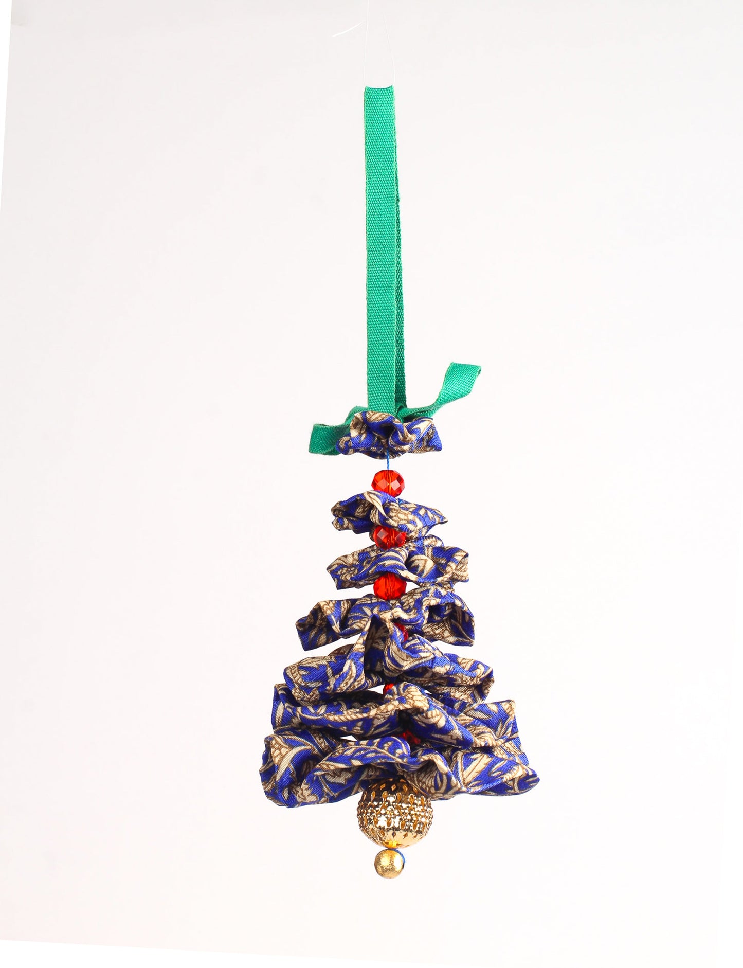 Tree Christmas Ornament crafted from upcycled materials, showcasing sustainable fashion and eco-friendly design, a delightful addition to holiday décor made from recycled and repurposed fabrics.