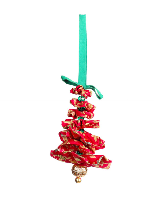 Tree Christmas Ornament crafted from upcycled materials, showcasing sustainable fashion and eco-friendly design, a delightful addition to holiday décor made from recycled and repurposed fabrics.