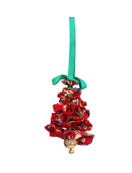 Tree Christmas Ornament crafted from upcycled materials, showcasing sustainable fashion and eco-friendly design, a delightful addition to holiday décor made from recycled and repurposed fabrics.