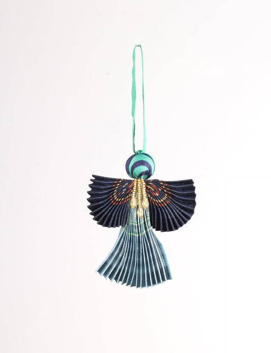 Angel Christmas Ornament made from upcycled saris, featuring pleated arms and body. A sustainable, eco-friendly holiday decoration, embodying recycled fashion and upcycling in festive style.





