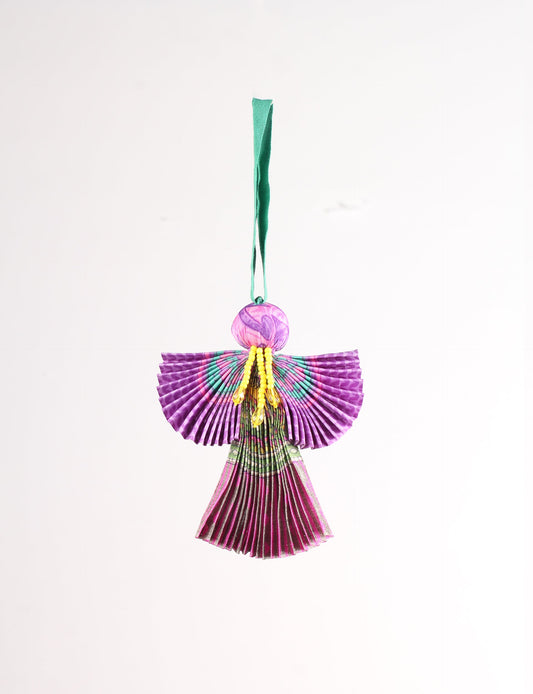 Angel Christmas Ornament made from upcycled saris, featuring pleated arms and body. A sustainable, eco-friendly holiday decoration, embodying recycled fashion and upcycling in festive style.





