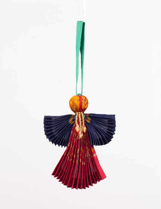 Angel Christmas Ornament made from upcycled saris, featuring pleated arms and body. A sustainable, eco-friendly holiday decoration, embodying recycled fashion and upcycling in festive style.





