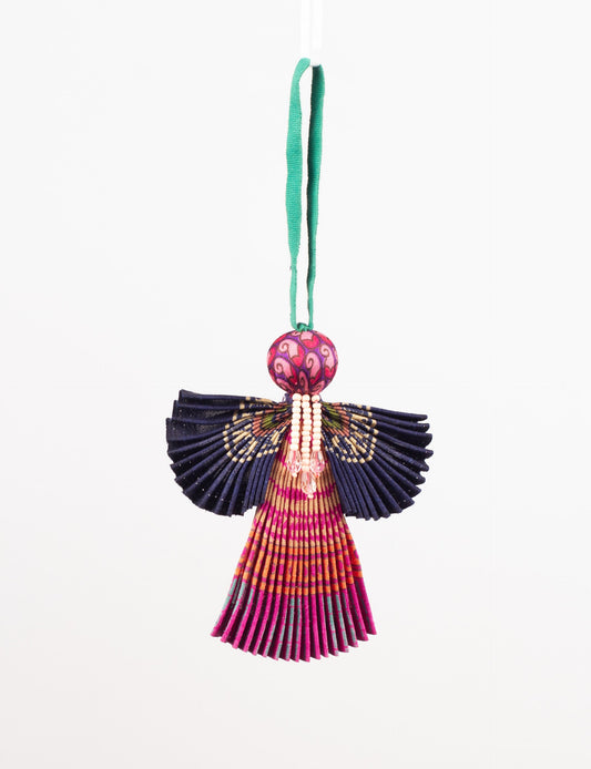 Angel Christmas Ornament made from upcycled saris, featuring pleated arms and body. A sustainable, eco-friendly holiday decoration, embodying recycled fashion and upcycling in festive style.





