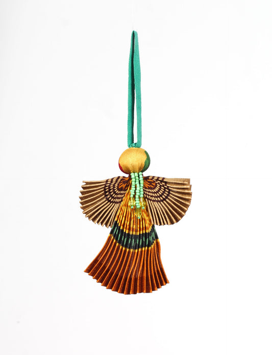 Angel Christmas Ornament made from upcycled saris, featuring pleated arms and body. A sustainable, eco-friendly holiday decoration, embodying recycled fashion and upcycling in festive style.





