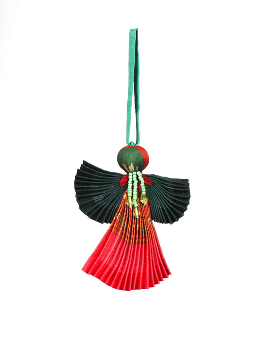 Angel Christmas Ornament made from upcycled saris, featuring pleated arms and body. A sustainable, eco-friendly holiday decoration, embodying recycled fashion and upcycling in festive style.





