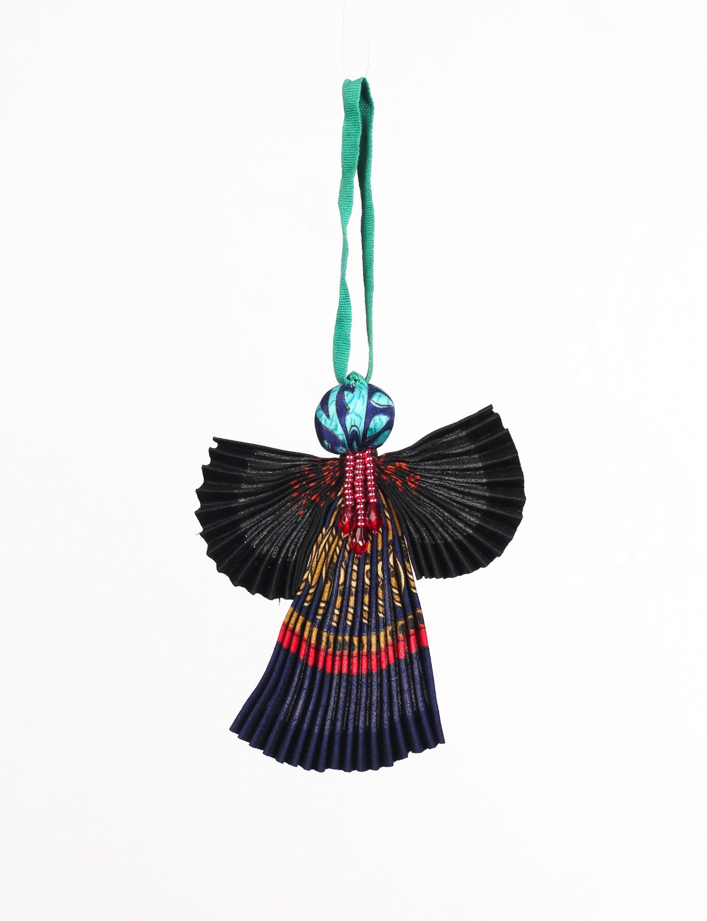 Angel Christmas Ornament made from upcycled saris, featuring pleated arms and body. A sustainable, eco-friendly holiday decoration, embodying recycled fashion and upcycling in festive style.





