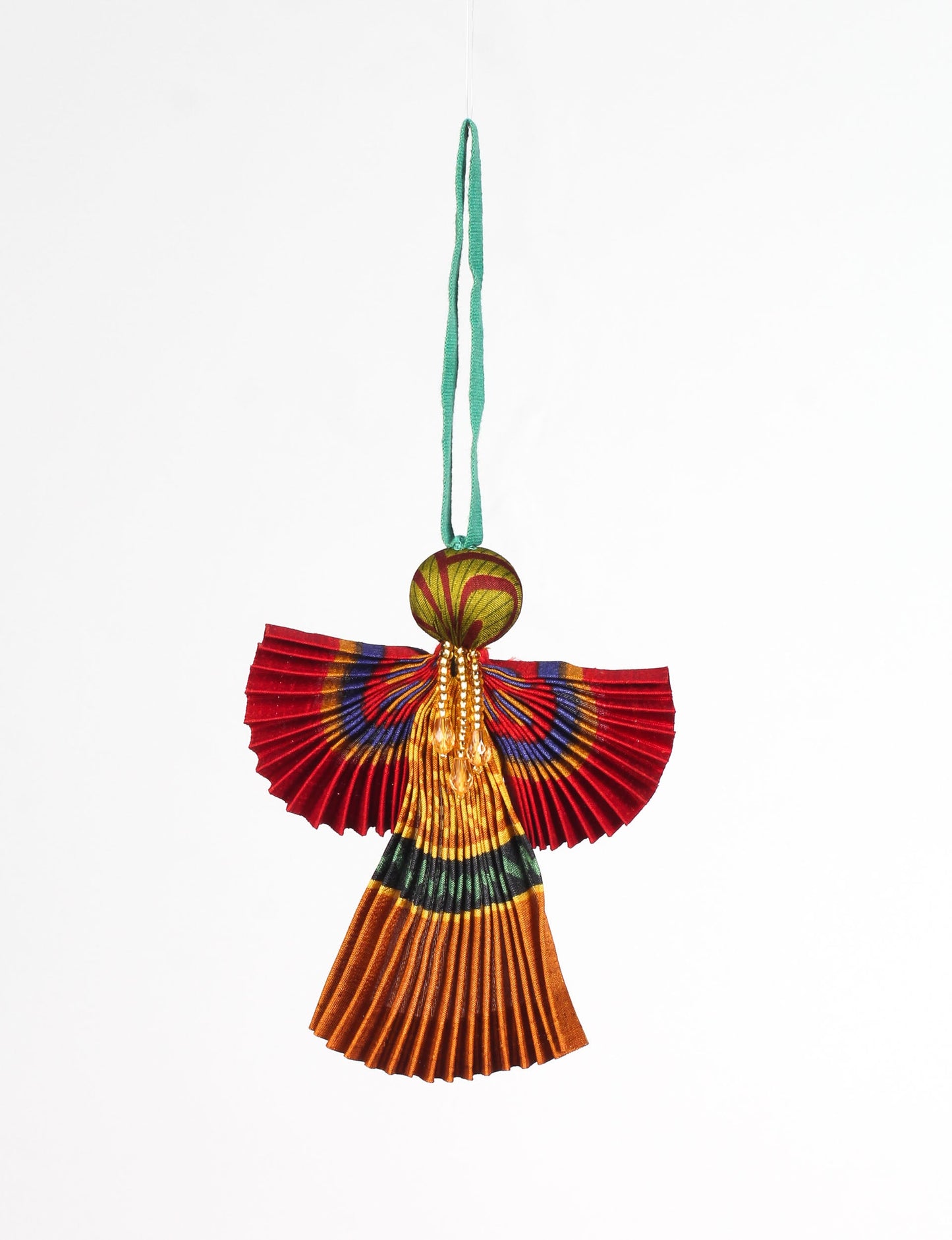 Angel Christmas Ornament made from upcycled saris, featuring pleated arms and body. A sustainable, eco-friendly holiday decoration, embodying recycled fashion and upcycling in festive style.





