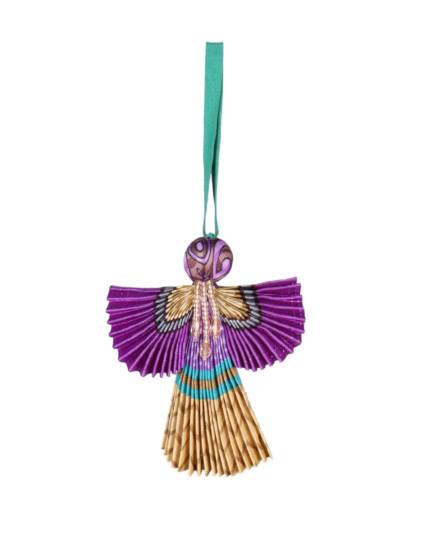 Angel Christmas Ornament made from upcycled saris, featuring pleated arms and body. A sustainable, eco-friendly holiday decoration, embodying recycled fashion and upcycling in festive style.





