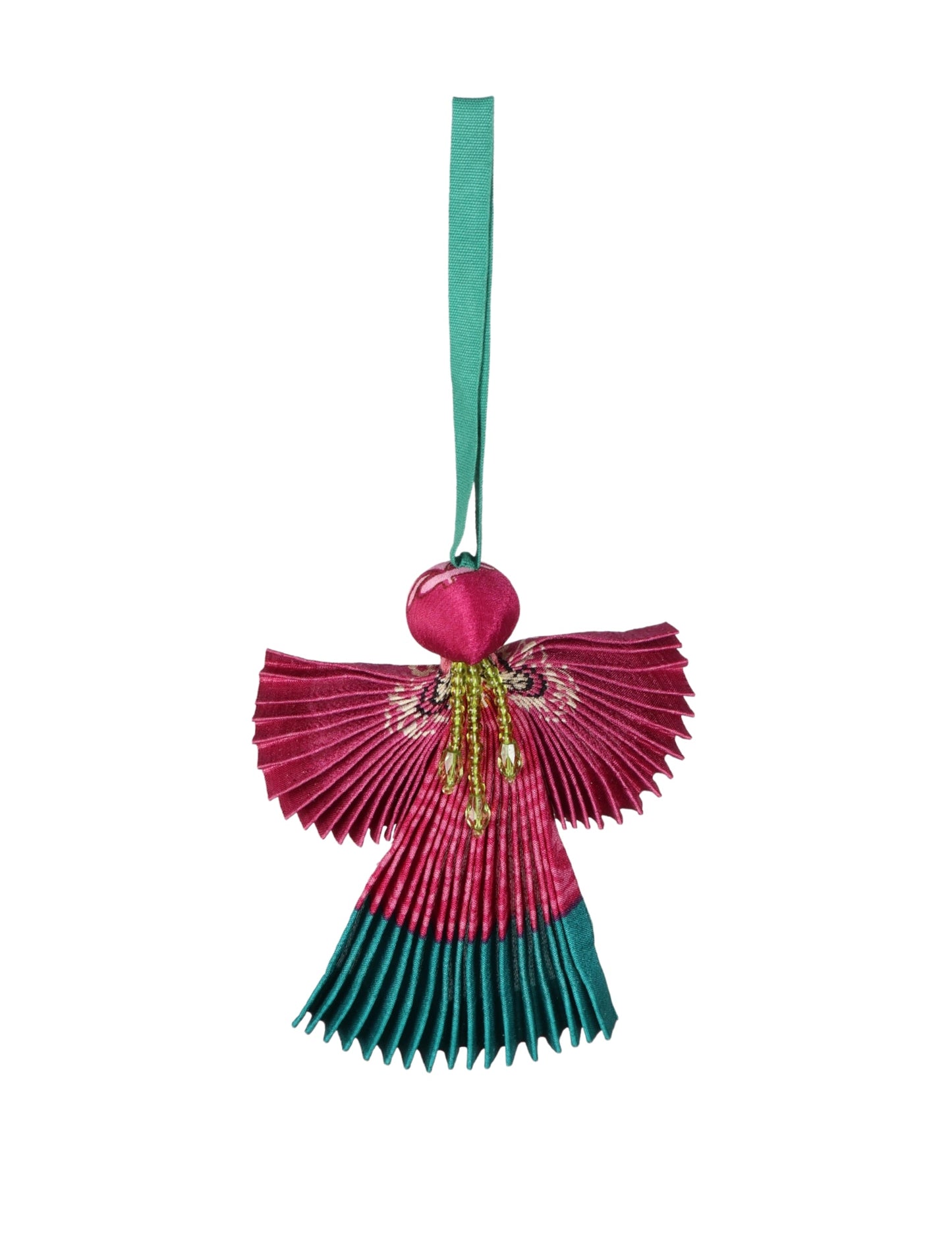 Angel Christmas Ornament made from upcycled saris, featuring pleated arms and body. A sustainable, eco-friendly holiday decoration, embodying recycled fashion and upcycling in festive style.





