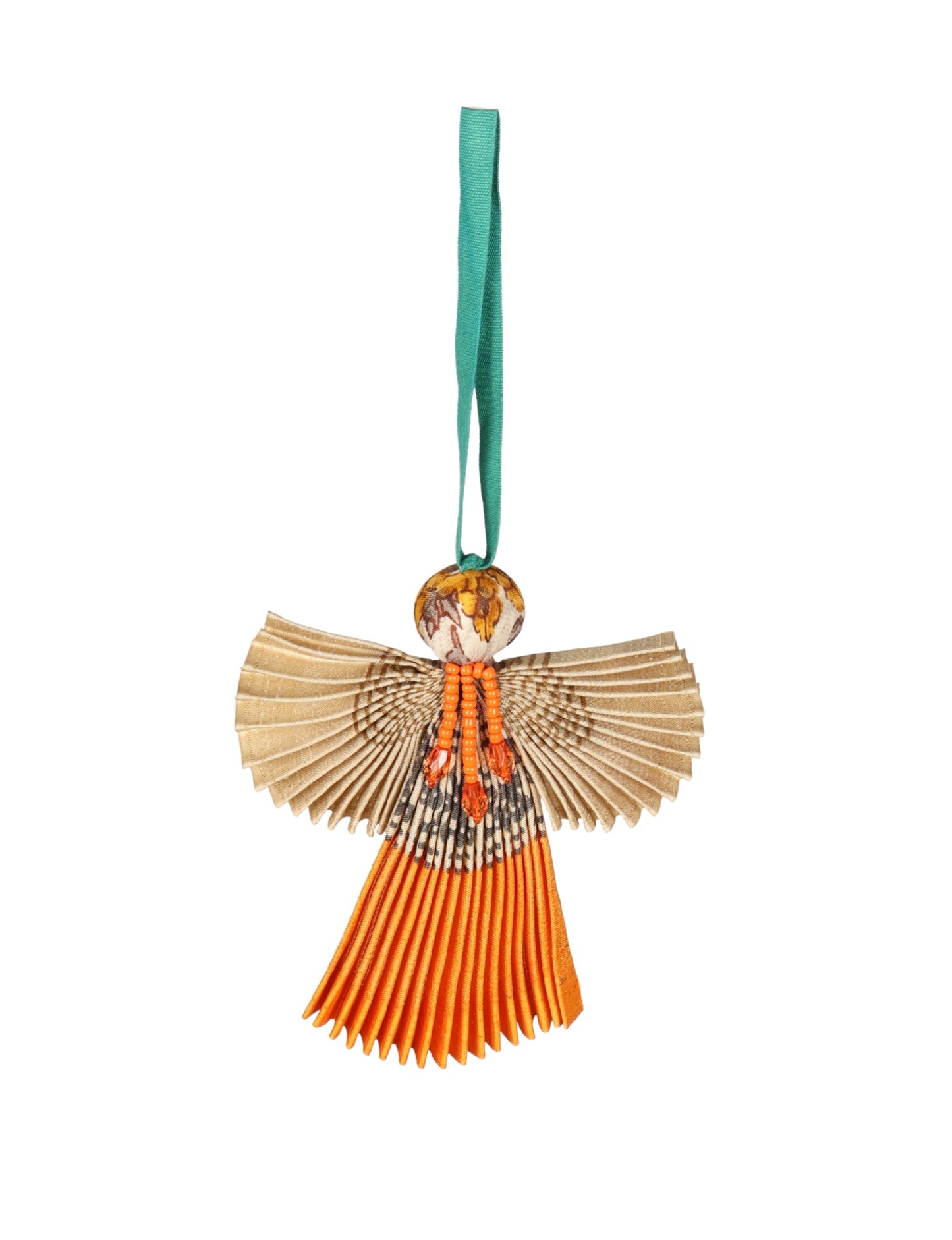 Angel Christmas Ornament made from upcycled saris, featuring pleated arms and body. A sustainable, eco-friendly holiday decoration, embodying recycled fashion and upcycling in festive style.






