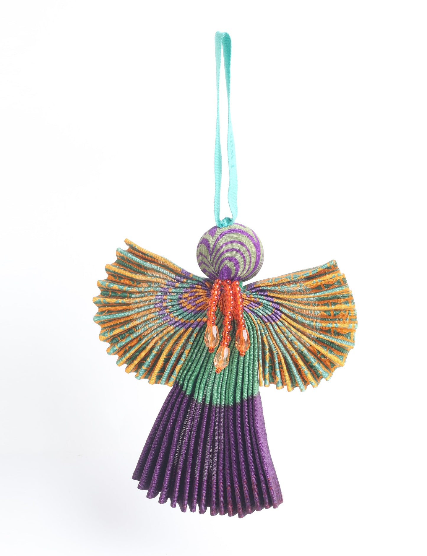 Angel Christmas Ornament made from upcycled saris, featuring pleated arms and body. A sustainable, eco-friendly holiday decoration, embodying recycled fashion and upcycling in festive style.





