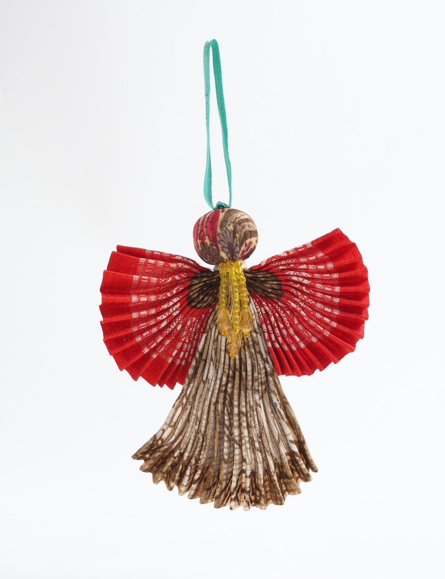 Angel Christmas Ornament made from upcycled saris, featuring pleated arms and body. A sustainable, eco-friendly holiday decoration, embodying recycled fashion and upcycling in festive style.





