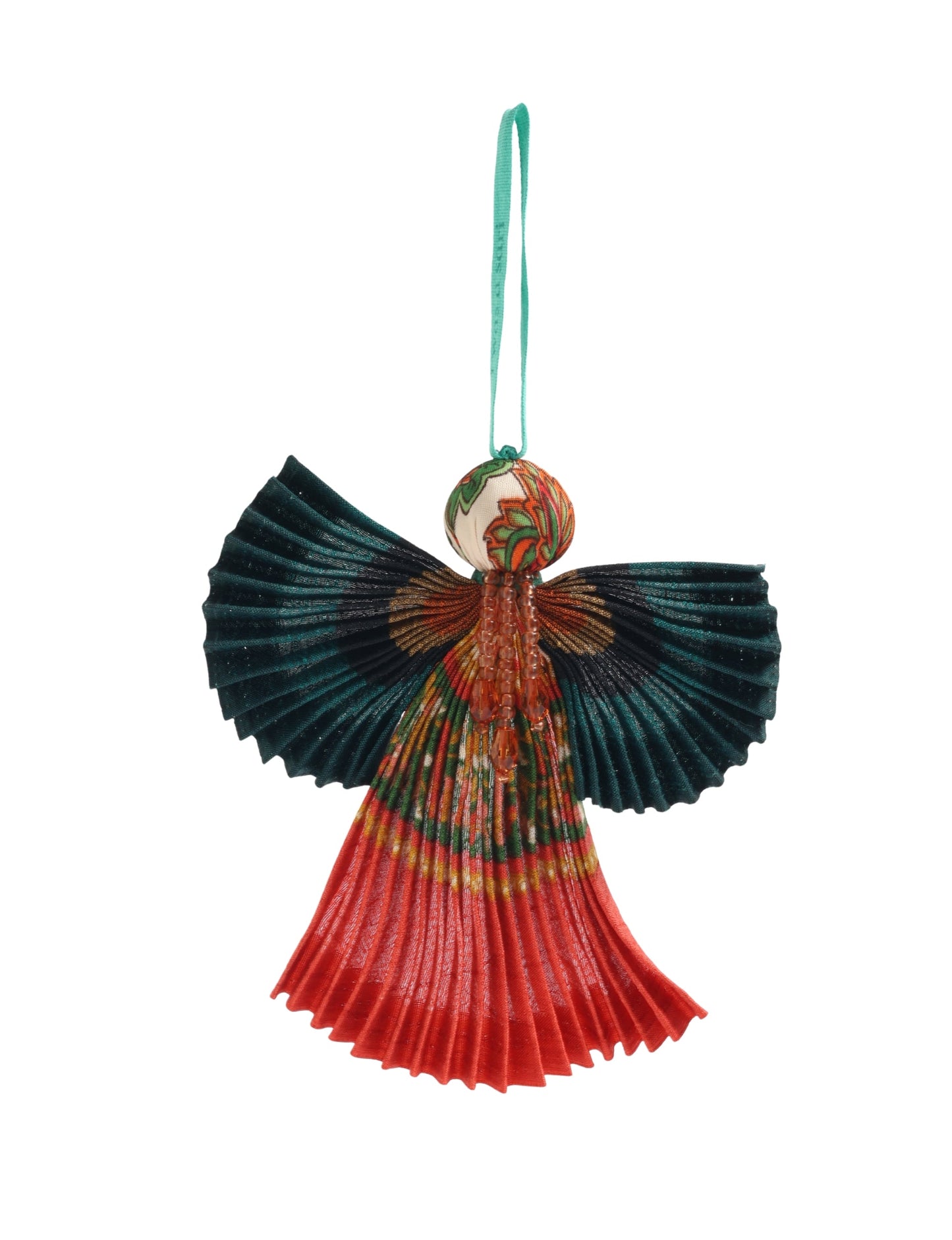 Angel Christmas Ornament made from upcycled saris, featuring pleated arms and body. A sustainable, eco-friendly holiday decoration, embodying recycled fashion and upcycling in festive style.





