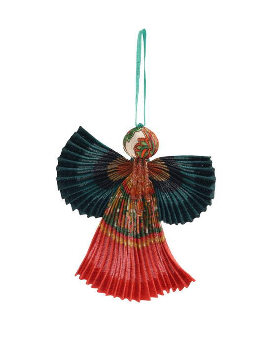 Angel Christmas Ornament made from upcycled saris, featuring pleated arms and body. A sustainable, eco-friendly holiday decoration, embodying recycled fashion and upcycling in festive style.





