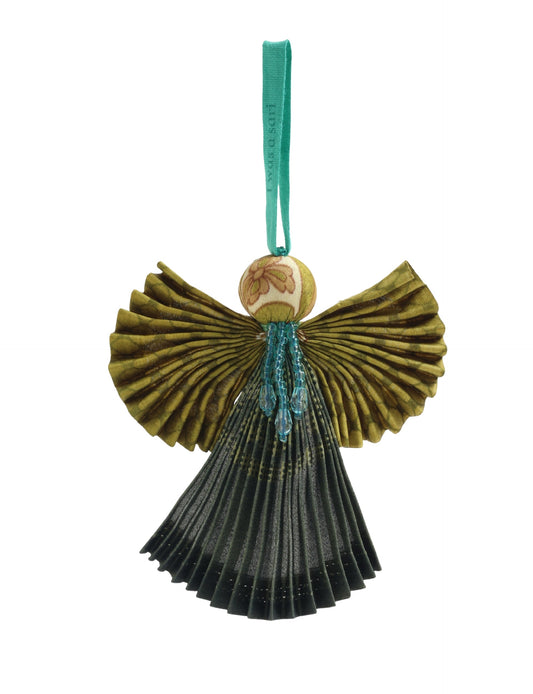 Angel Christmas Ornament made from upcycled saris, featuring pleated arms and body. A sustainable, eco-friendly holiday decoration, embodying recycled fashion and upcycling in festive style.





