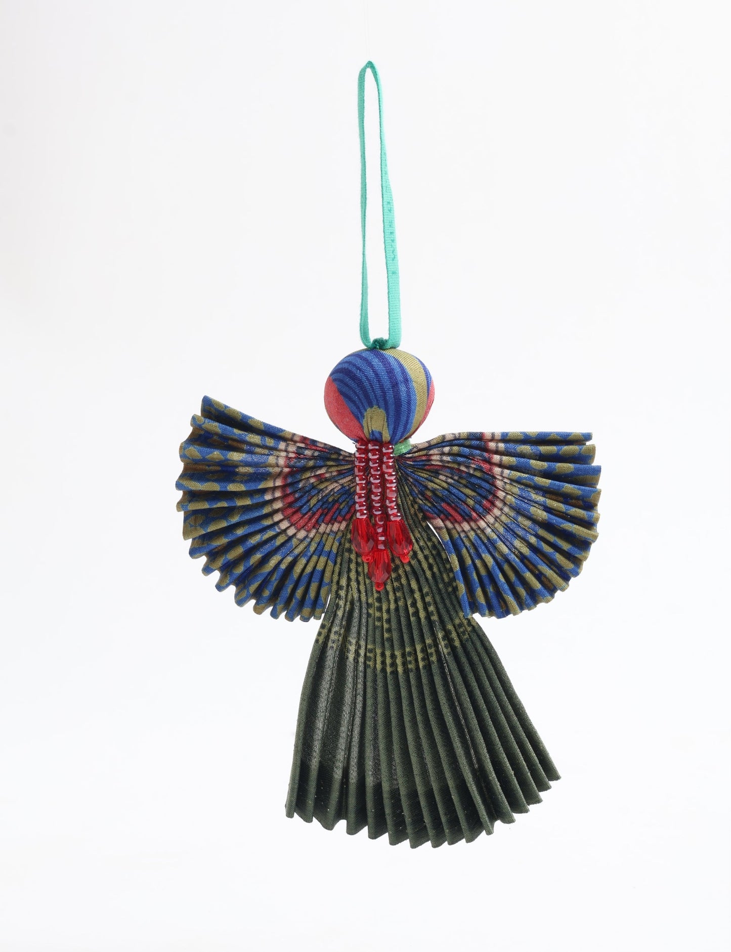 Angel Christmas Ornament made from upcycled saris, featuring pleated arms and body. A sustainable, eco-friendly holiday decoration, embodying recycled fashion and upcycling in festive style.






