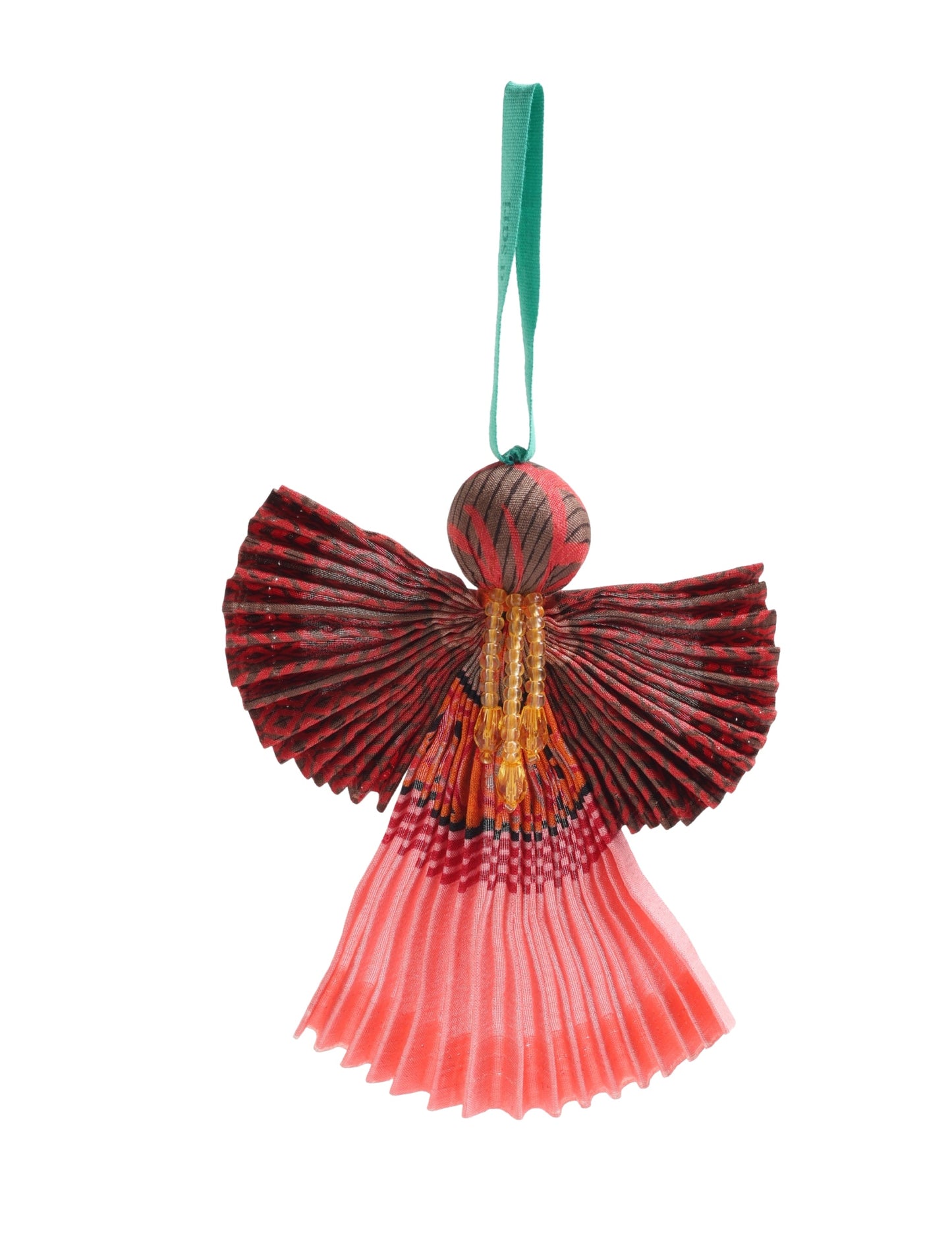 Angel Christmas Ornament made from upcycled saris, featuring pleated arms and body. A sustainable, eco-friendly holiday decoration, embodying recycled fashion and upcycling in festive style.





