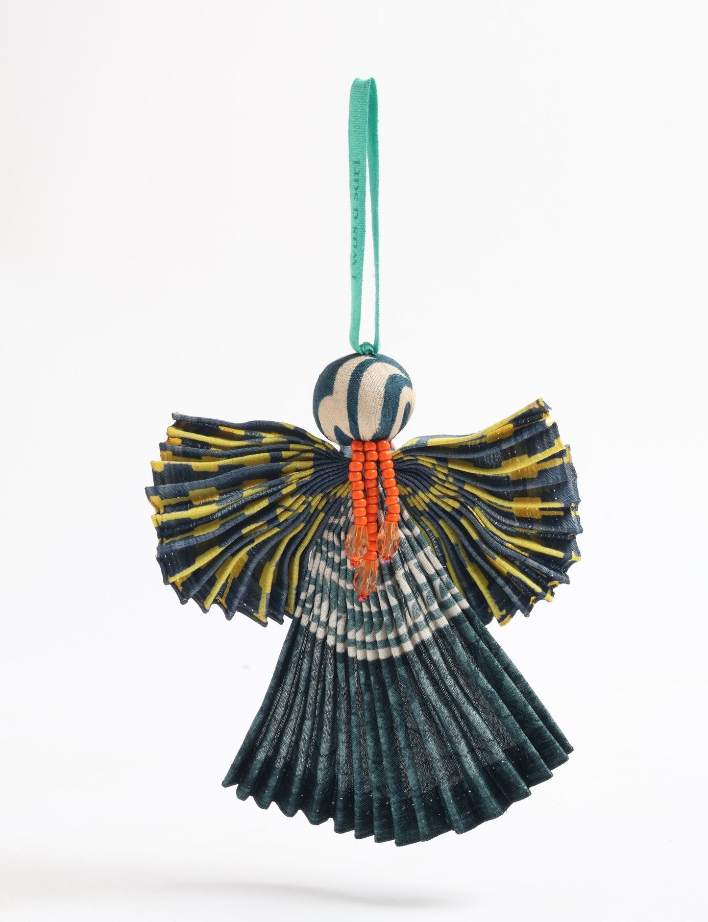 Angel Christmas Ornament made from upcycled saris, featuring pleated arms and body. A sustainable, eco-friendly holiday decoration, embodying recycled fashion and upcycling in festive style.





