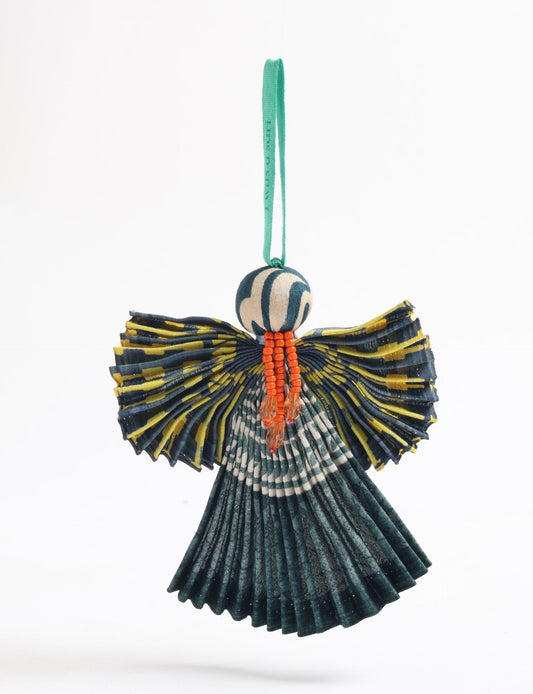 Angel Christmas Ornament made from upcycled saris, featuring pleated arms and body. A sustainable, eco-friendly holiday decoration, embodying recycled fashion and upcycling in festive style.





