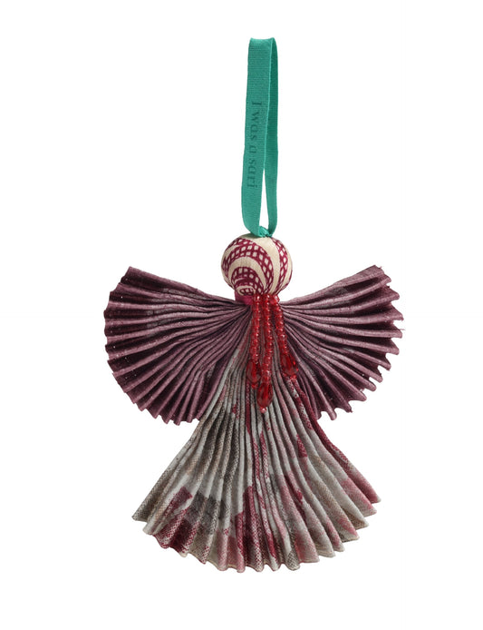 Angel Christmas Ornament made from upcycled saris, featuring pleated arms and body. A sustainable, eco-friendly holiday decoration, embodying recycled fashion and upcycling in festive style.





