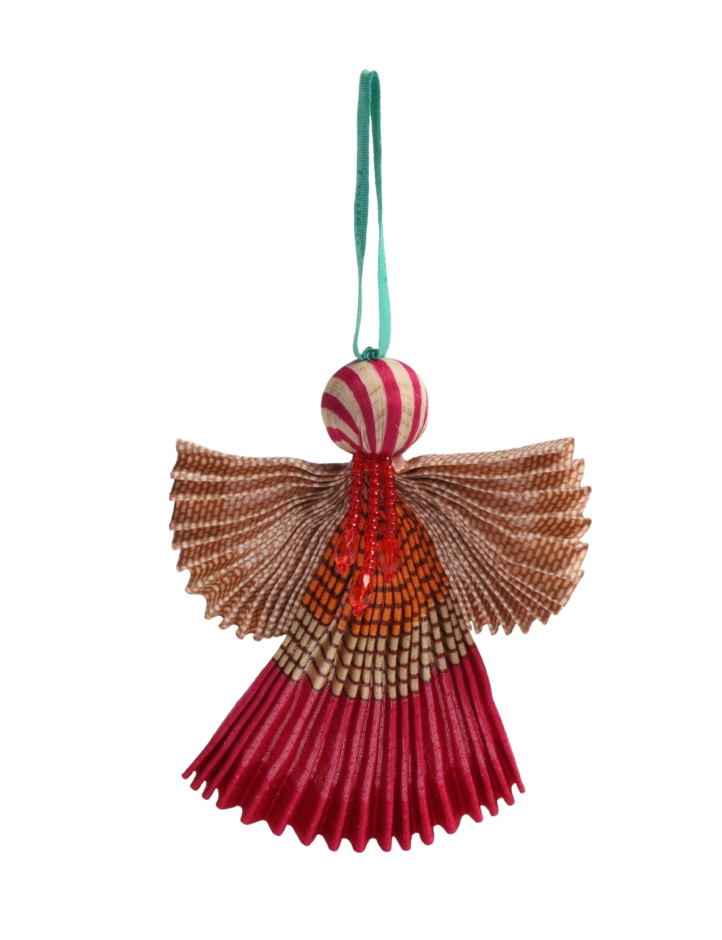 Angel Christmas Ornament made from upcycled saris, featuring pleated arms and body. A sustainable, eco-friendly holiday decoration, embodying recycled fashion and upcycling in festive style.





