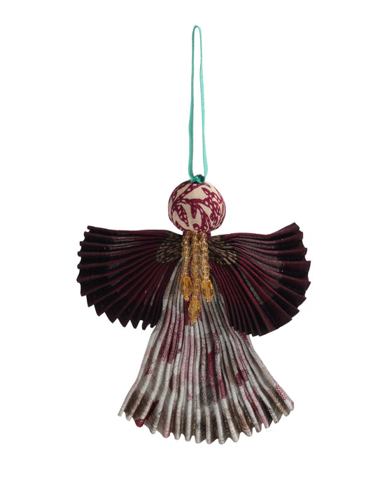 Angel Christmas Ornament made from upcycled saris, featuring pleated arms and body. A sustainable, eco-friendly holiday decoration, embodying recycled fashion and upcycling in festive style.





