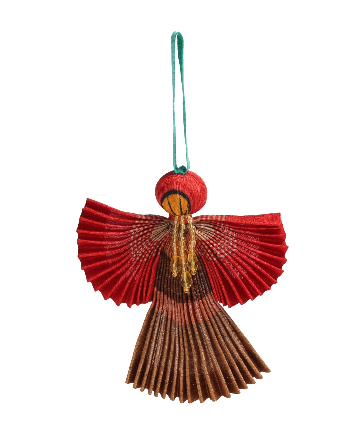 Angel Christmas Ornament made from upcycled saris, featuring pleated arms and body. A sustainable, eco-friendly holiday decoration, embodying recycled fashion and upcycling in festive style.





