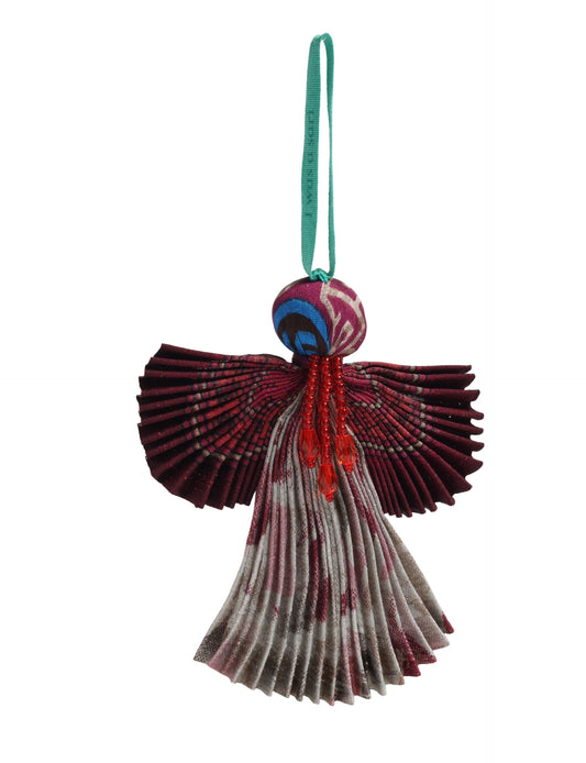 Angel Christmas Ornament made from upcycled saris, featuring pleated arms and body. A sustainable, eco-friendly holiday decoration, embodying recycled fashion and upcycling in festive style.





