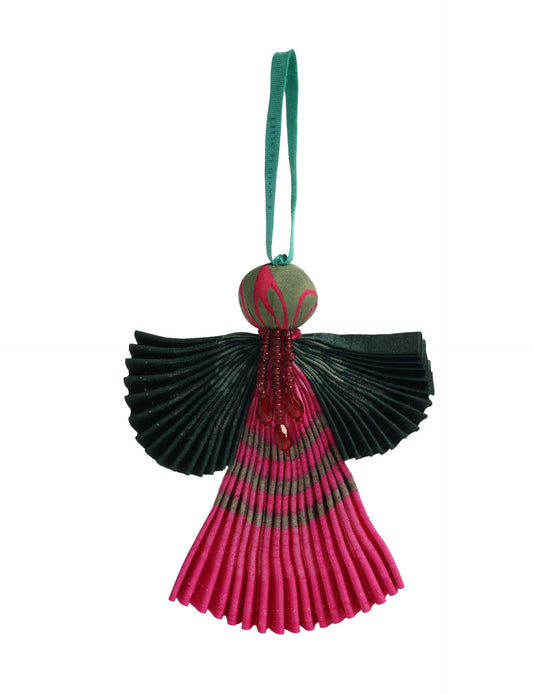 Angel Christmas Ornament made from upcycled saris, featuring pleated arms and body. A sustainable, eco-friendly holiday decoration, embodying recycled fashion and upcycling in festive style.





