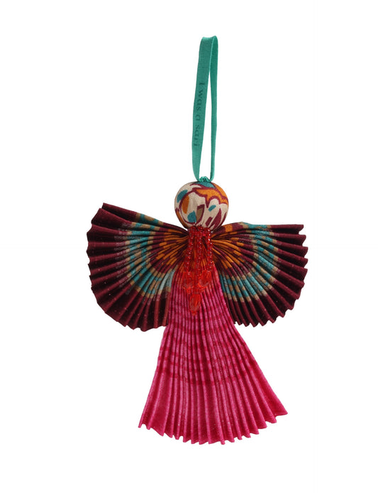 Angel Christmas Ornament made from upcycled saris, featuring pleated arms and body. A sustainable, eco-friendly holiday decoration, embodying recycled fashion and upcycling in festive style.





