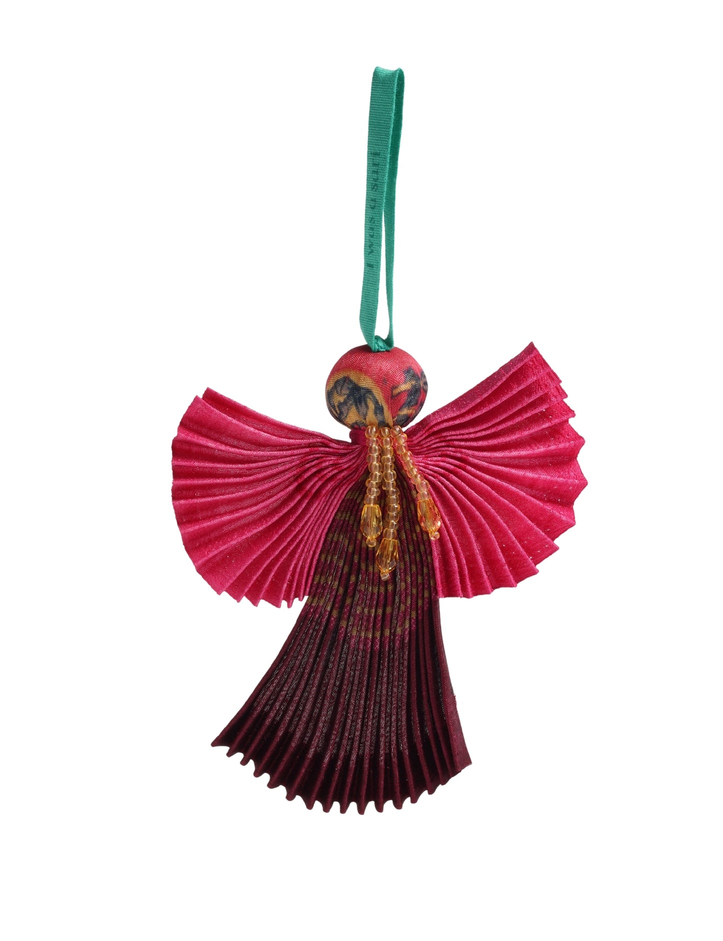 Angel Christmas Ornament made from upcycled saris, featuring pleated arms and body. A sustainable, eco-friendly holiday decoration, embodying recycled fashion and upcycling in festive style.





