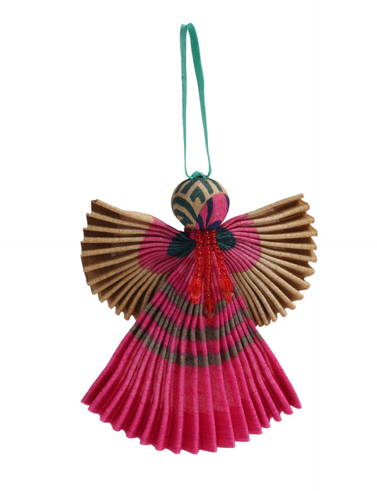 Angel Christmas Ornament made from upcycled saris, featuring pleated arms and body. A sustainable, eco-friendly holiday decoration, embodying recycled fashion and upcycling in festive style.





