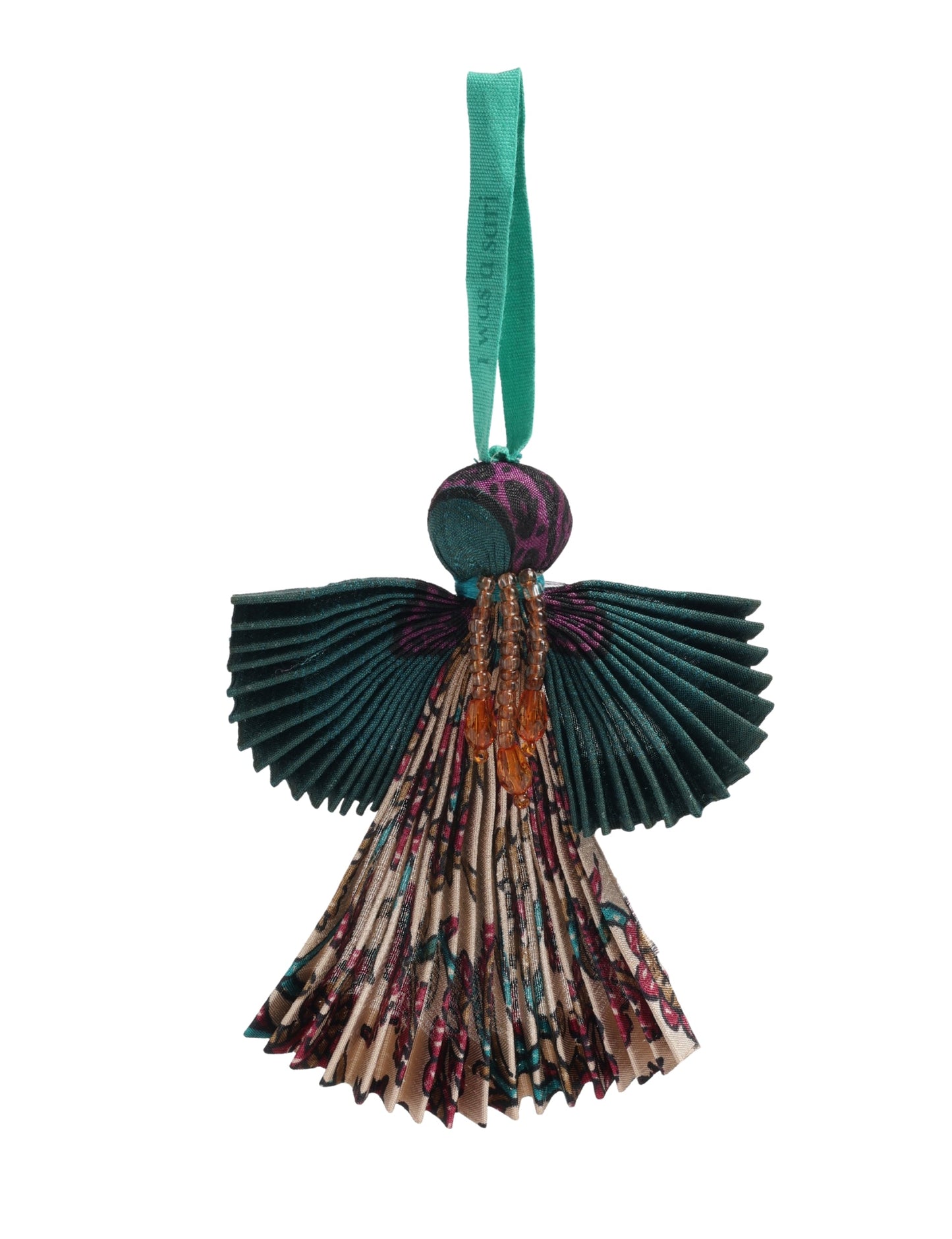 Angel Christmas Ornament made from upcycled saris, featuring pleated arms and body. A sustainable, eco-friendly holiday decoration, embodying recycled fashion and upcycling in festive style.





