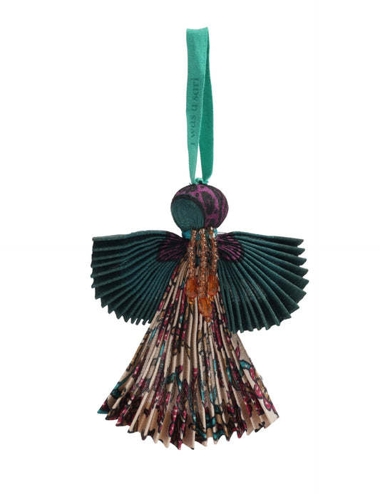 Angel Christmas Ornament made from upcycled saris, featuring pleated arms and body. A sustainable, eco-friendly holiday decoration, embodying recycled fashion and upcycling in festive style.





