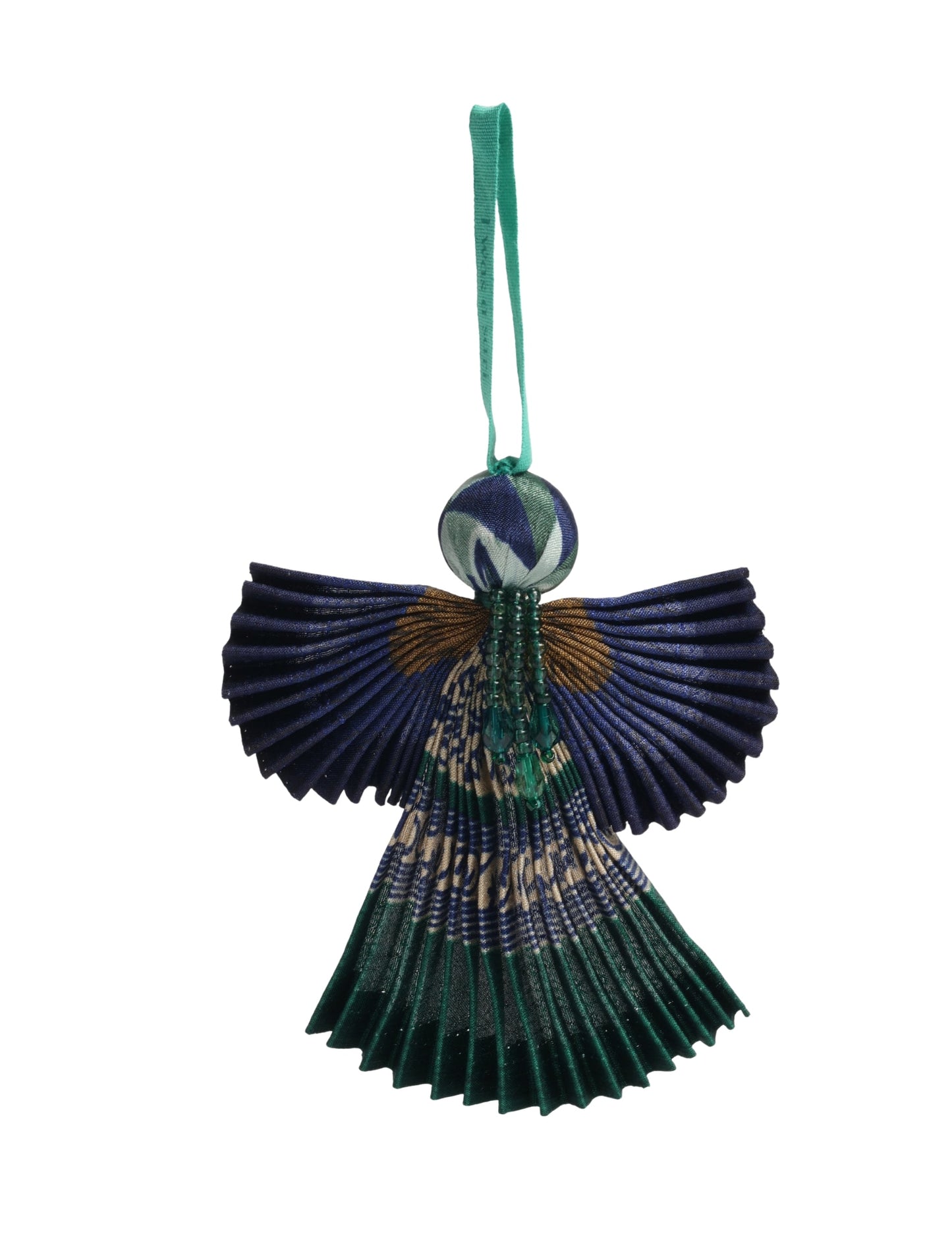 Angel Christmas Ornament made from upcycled saris, featuring pleated arms and body. A sustainable, eco-friendly holiday decoration, embodying recycled fashion and upcycling in festive style.






