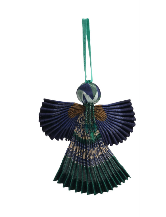 Angel Christmas Ornament made from upcycled saris, featuring pleated arms and body. A sustainable, eco-friendly holiday decoration, embodying recycled fashion and upcycling in festive style.





